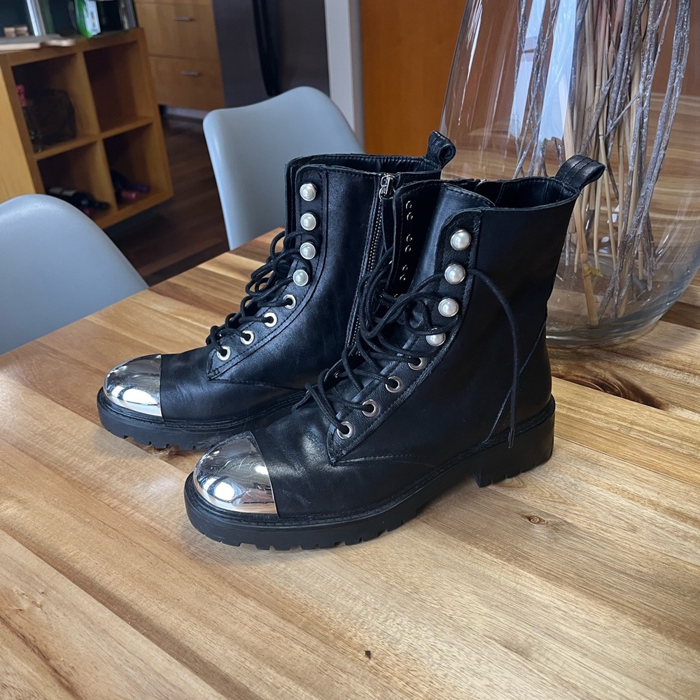 COPY - Only worn once! Zara Pearl Studded Combat Boot with Silver Toe.